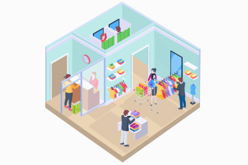 Ilustración isométrica de una tienda retail con clientes y personal