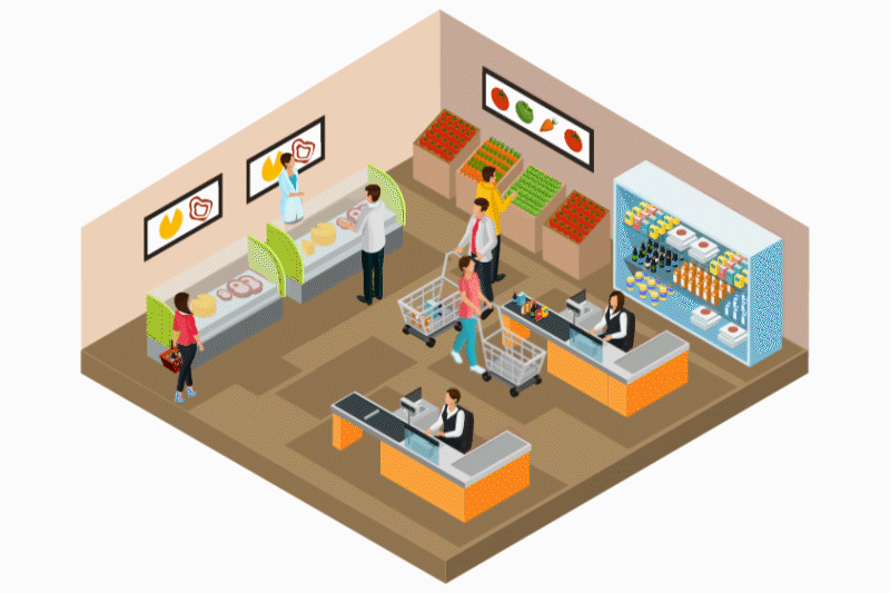 Ilustración isométrica de un supermercado con cajas, pasillos y clientes