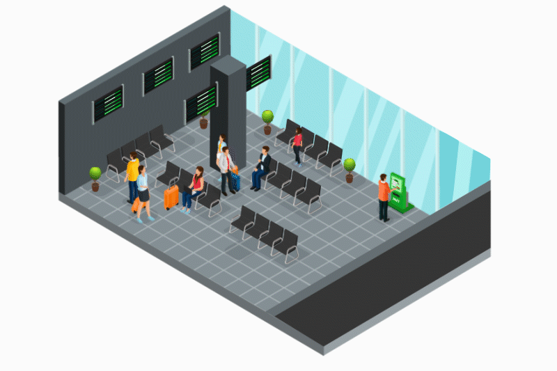 Ilustración isométrica de una terminal con pasajeros, asientos y pantallas informativas